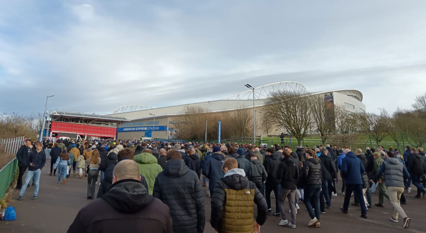 Everton fans approaching the Amex Community Stadium