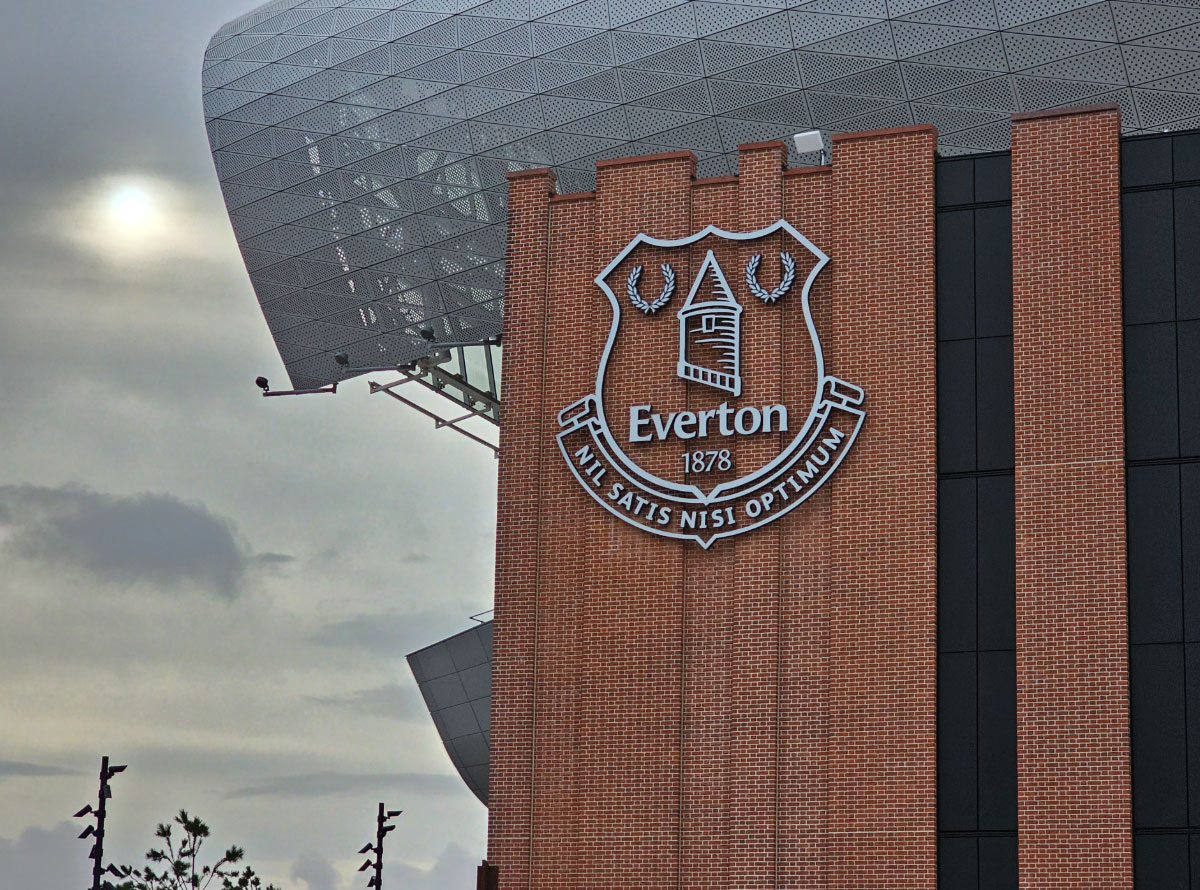 Everton crest on the side of Hill Dickinson Stadium